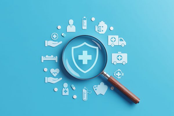 Healthcare Protection Concept With Magnifying Glass And Medical Icons Health Insurance Research And Analysis For Medical Services In A Clean Presentation