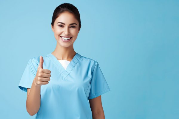A cheerful nurse with clipboard on blue background